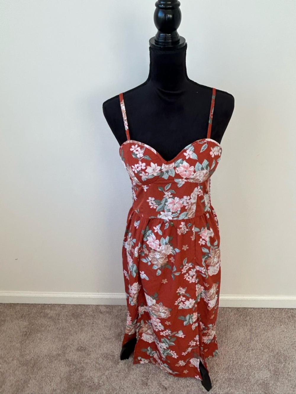 Rust Floral Bustier Midi Dress
